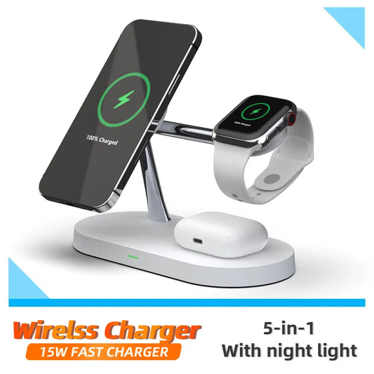 Magnetic ChargeHub: 5-in-1 Wireless Station with Night Light for iPhone & AirPods Pro
